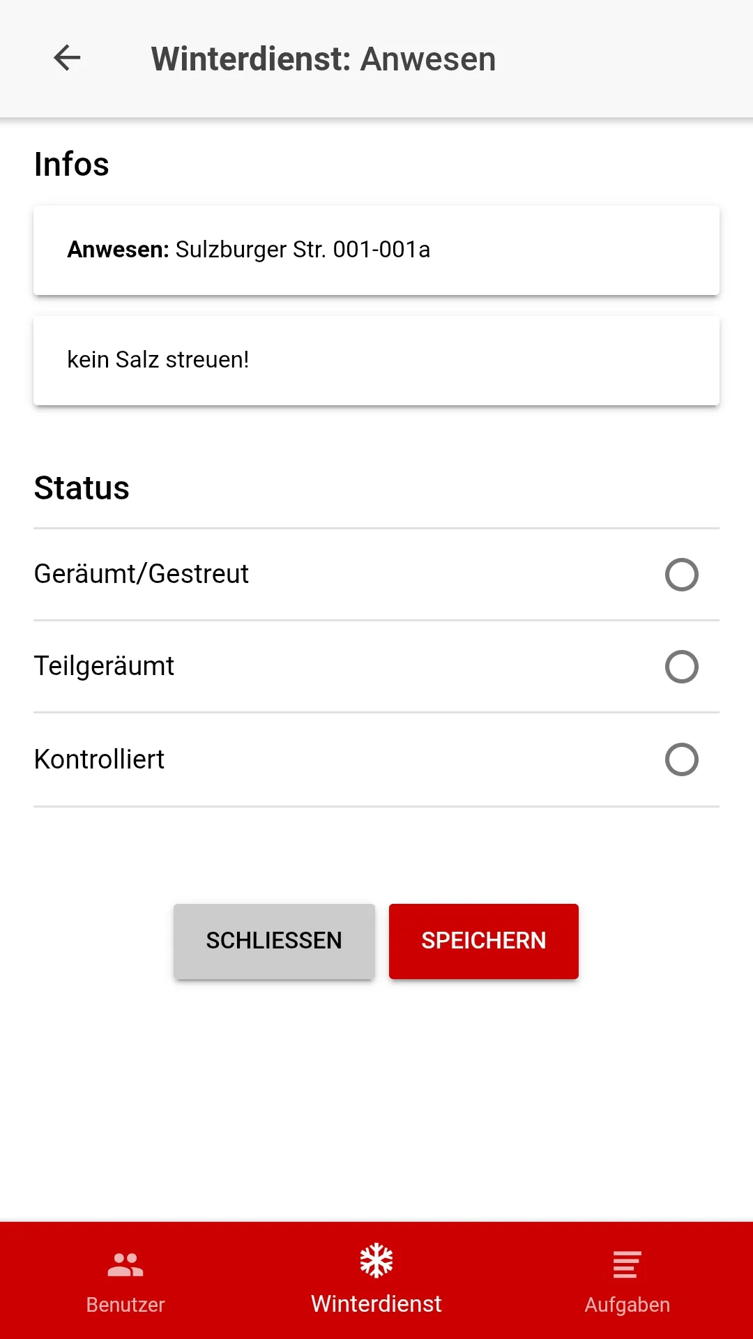 VESER App – Winterdienst-Detailansicht